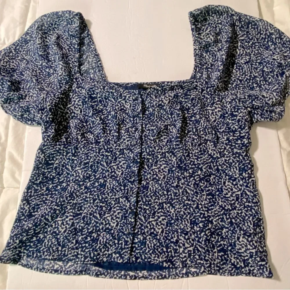 NWT Madewell Bengali Print Sweetheart Puff Sleeve Button Front Blouse Blue 6